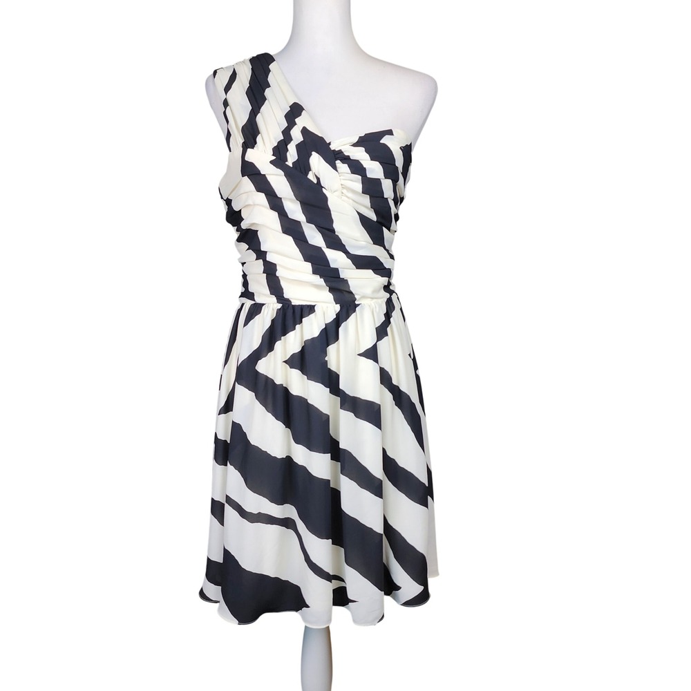 Express One Shoulder Dress Womens 12 Black Ivory Zebra Ruched Party Wedding Gala